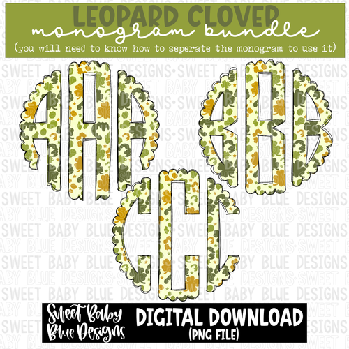Leopard clover- Monogram- St. Patrick's Day - Monogram Bundle- 2023 - PNG file- Digital Download