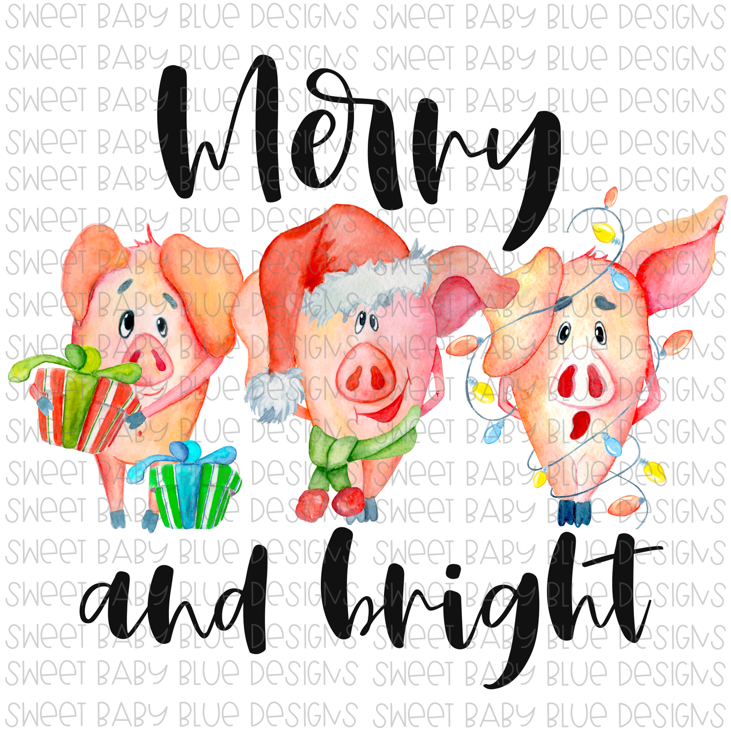 Merry and bright- Pigs- Christmas- PNG file- Digital Download