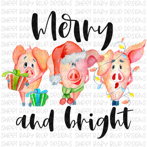 Merry and bright- Pigs- Christmas- PNG file- Digital Download