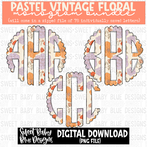 Pastel vintage floral - Monogram Bundle- 2023 - PNG file- Digital Download