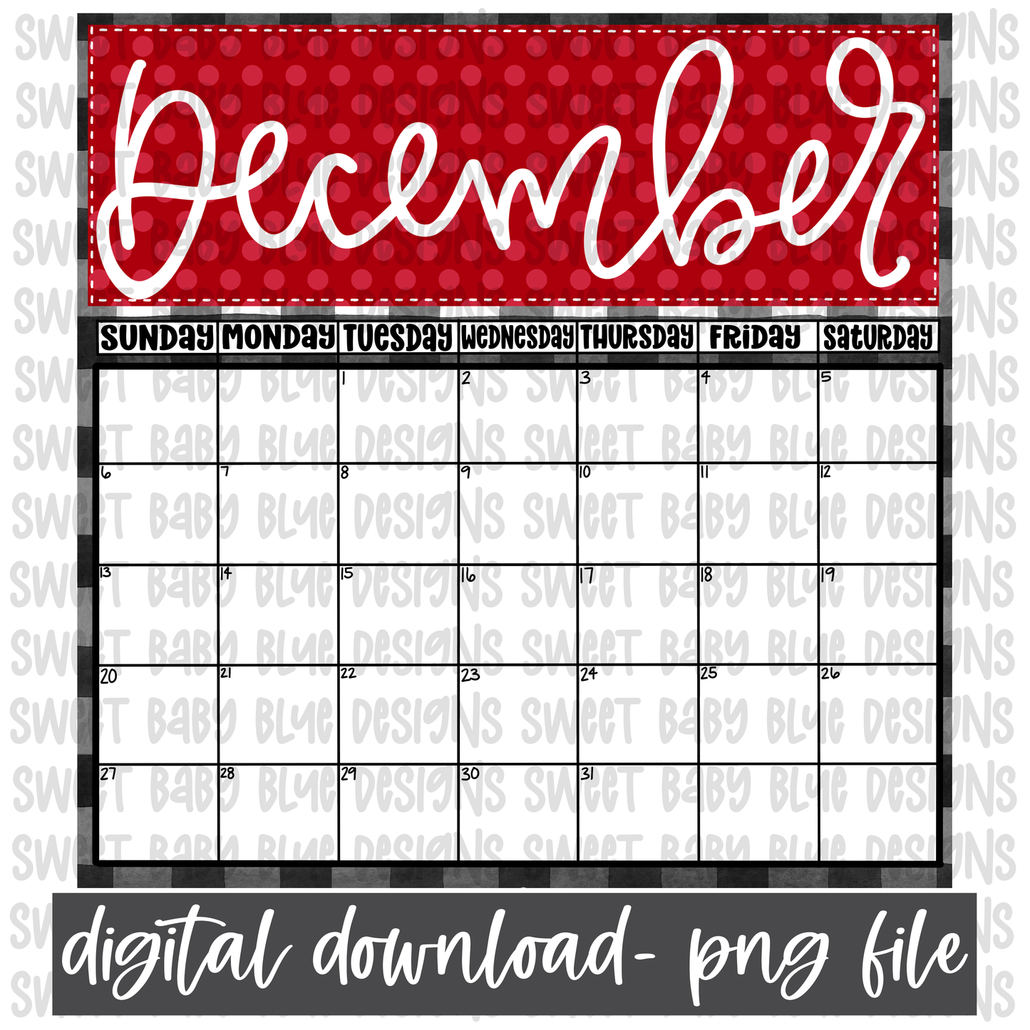 Printable December Calendar- PNG file- Digital Download