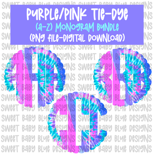 Purple/ Pink Tie-Dye monogram bundle- PNG file- Digital Download