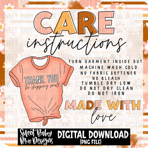 Retro floral brush shirt care instructions- 2023 - PNG file- Digital Download