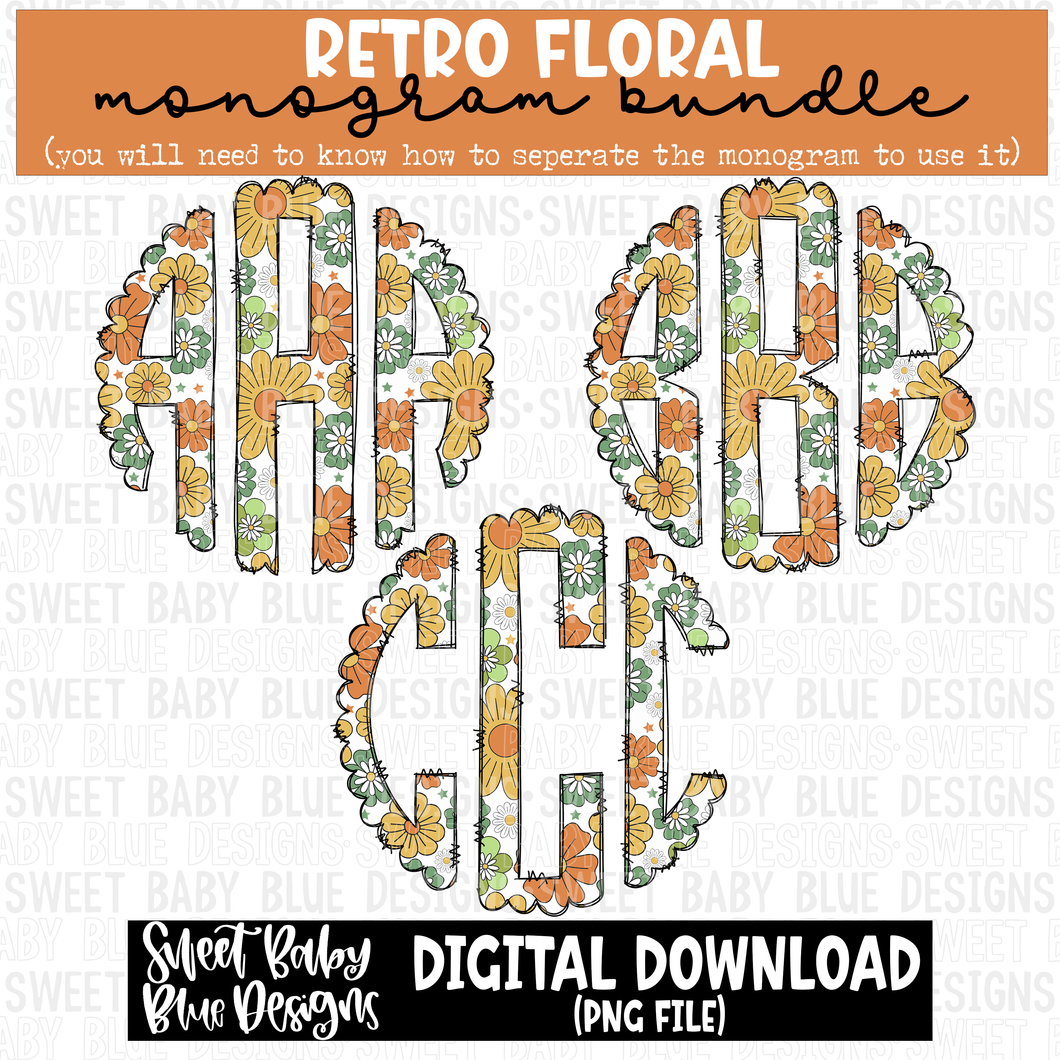 Retro floral Monogram - Monogram Bundle- 2023 - PNG file- Digital Download