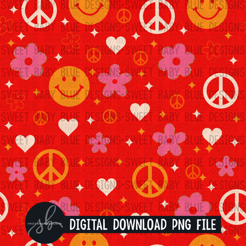 Retro peace floral digital paper- SEAMLESS - Digital paper - 2022 -PNG file- Digital Download