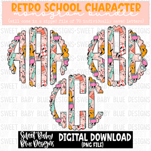 Retro school character - Monogram Bundle- 2023 - PNG file- Digital Download