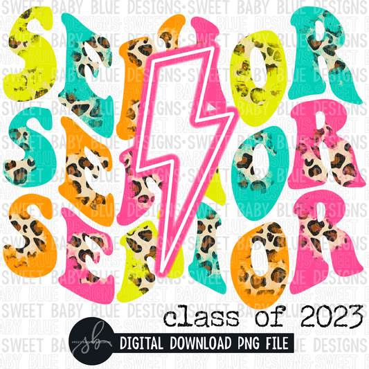 Senior class of 2023- Leopard- Neon pink bolt- 2022 - PNG file- Digital Download