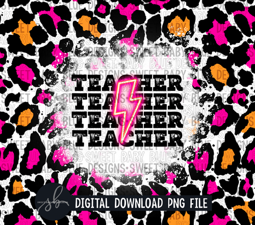 Teacher- Pink bolt- Pink leopard- 20 oz. skinny tumbler- 2022 -PNG file- Digital Download