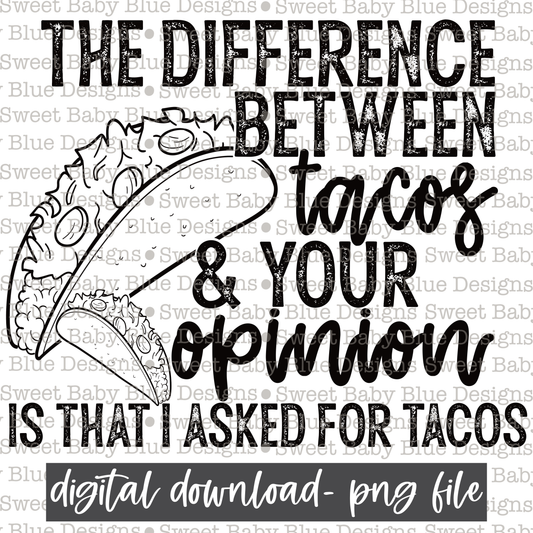 The difference between tacos and your opinion is that I asked for Tacos- Black font- Single color - 2021- PNG file- Digital Download