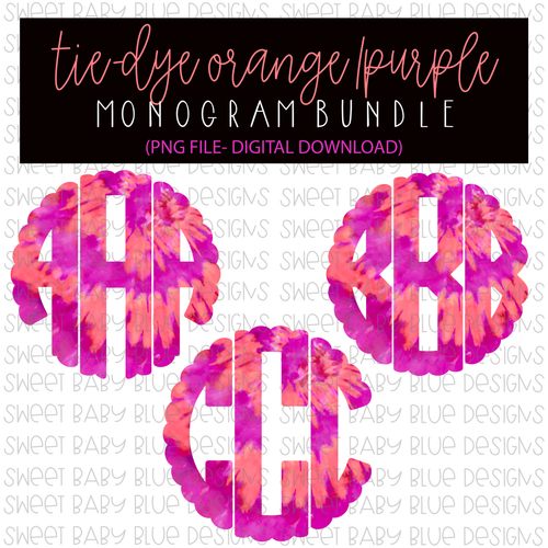 Tie-Dye Orange/ Purple- Monogram Bundle- PNG file- Digital Download