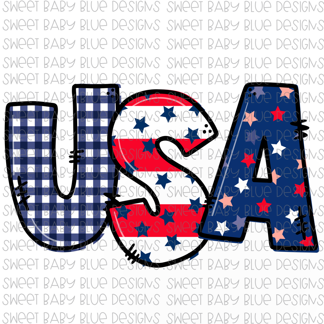 USA- Plaid & Star Lettering- PNG file- Digital Download