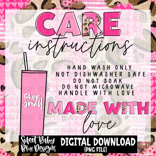 Valentine's leopard brushstroke tumbler care instructions- 2023 - PNG file- Digital Download