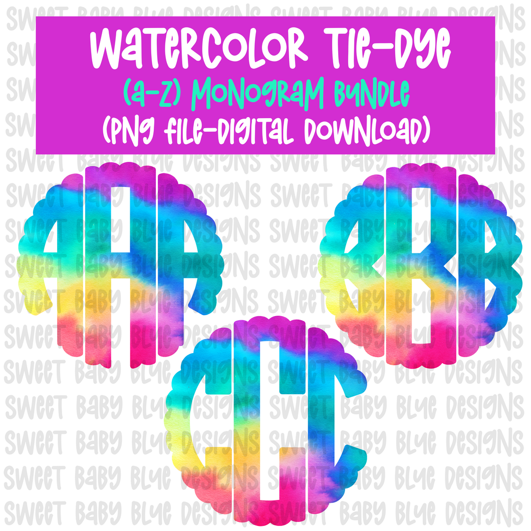 Watercolor Tie-Dye monogram bundle- PNG file- Digital Download