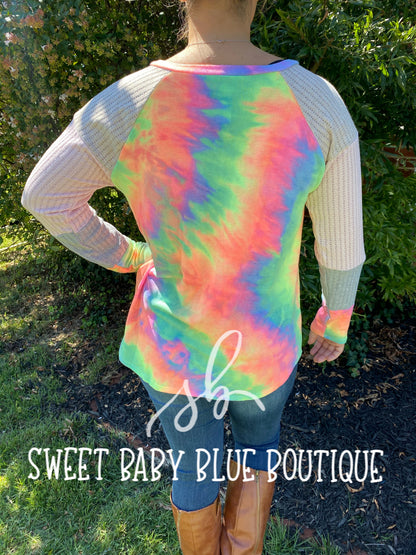 Tie-Dye long sleeve with color block knit- Pastel Tie-Dye